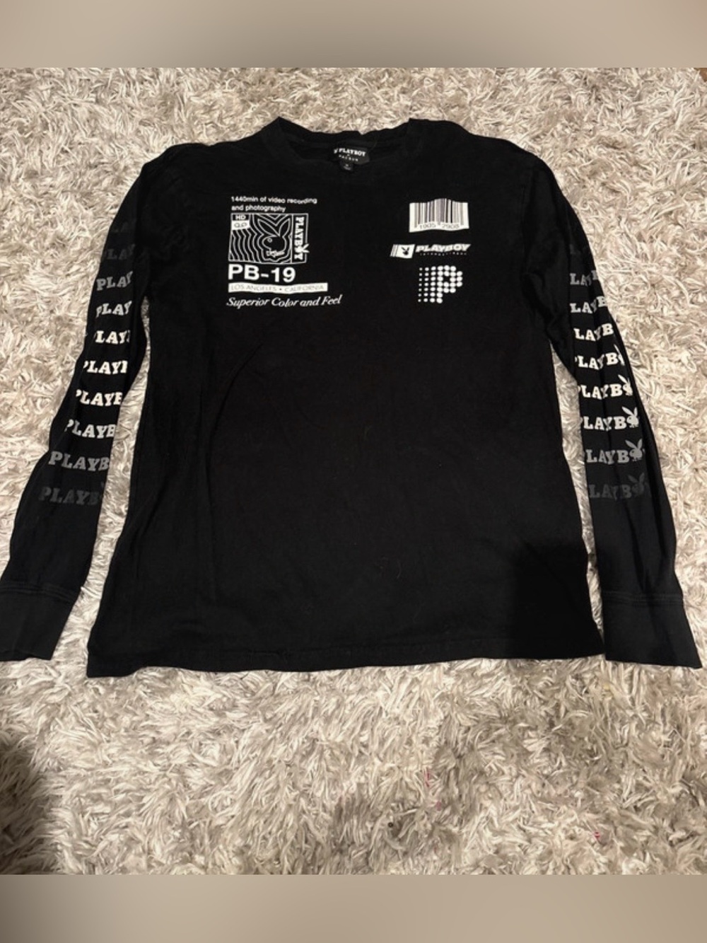 PLAYBOY Black Long Sleeve Graphic Tee with White Print Men Size Medium